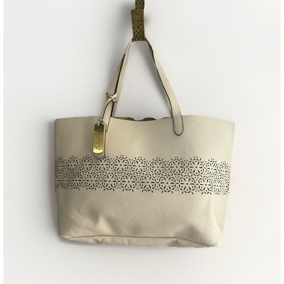 Ralph Lauren Laser Cut Perforated Chantilly Classic Tote Bag & Clutch Ivory Read - Picture 2 of 16